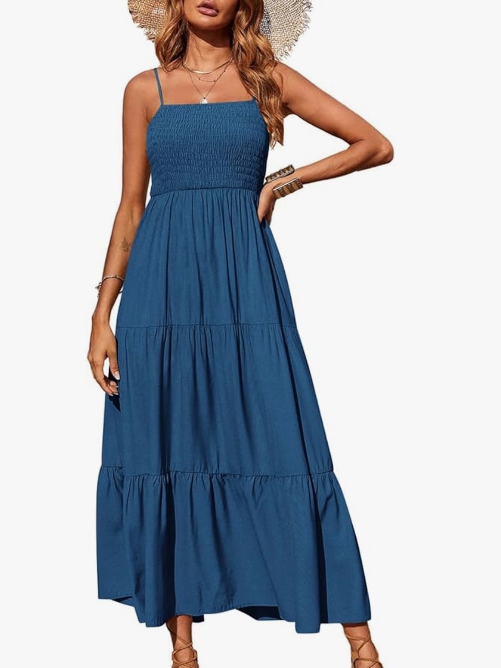 Smocked Spaghetti-Strap Maxi Dress in Blue